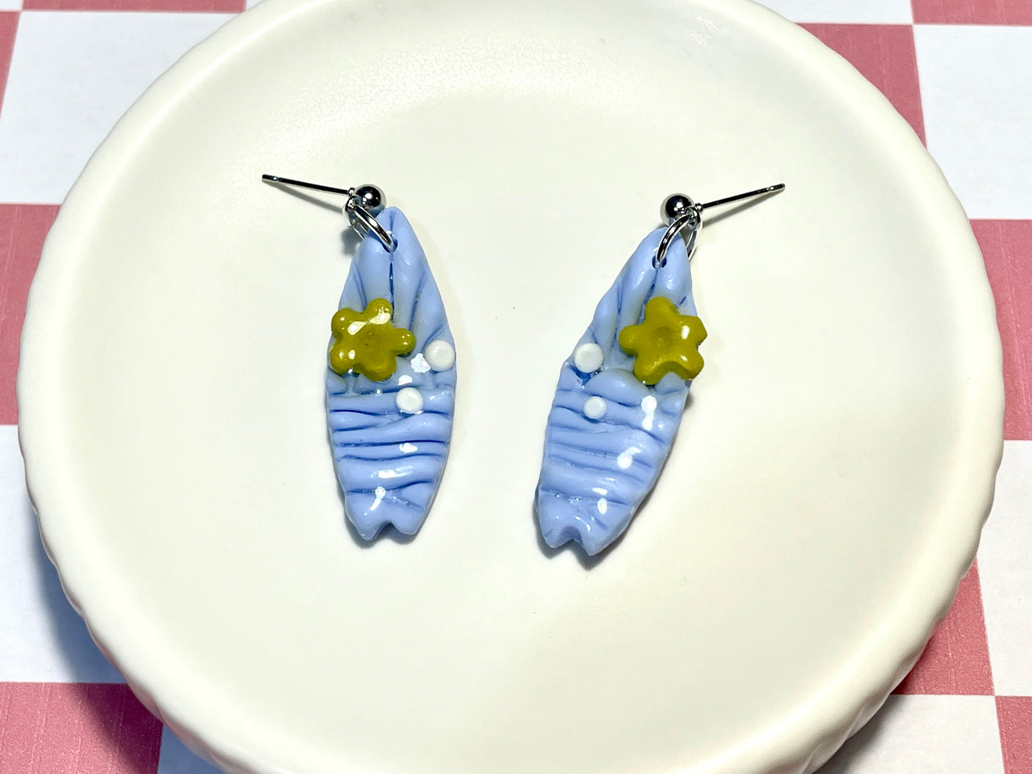 Blue Surfboard Earrings on Silver Stud with Flower