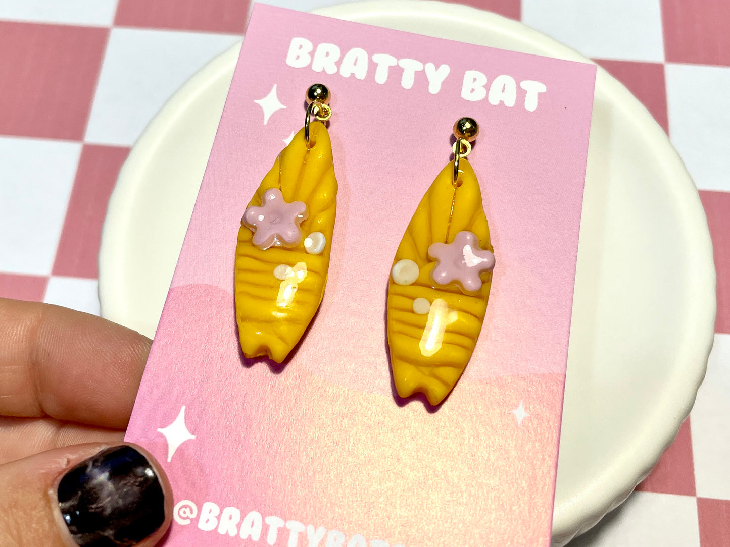 Yellow Surfboard Earrings on Gold Stud with Flower