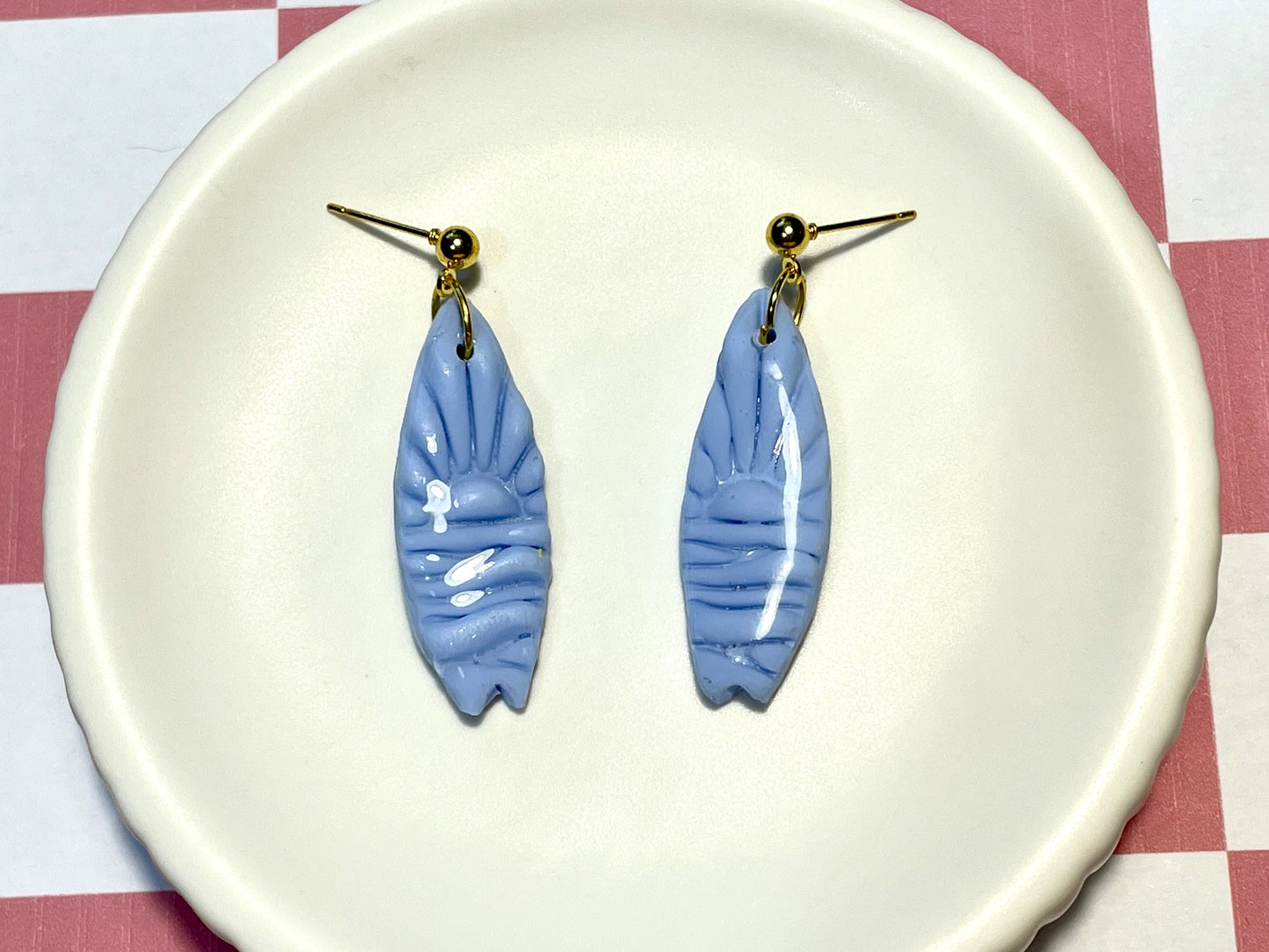 Blue Surfboard Earrings on Gold Stud