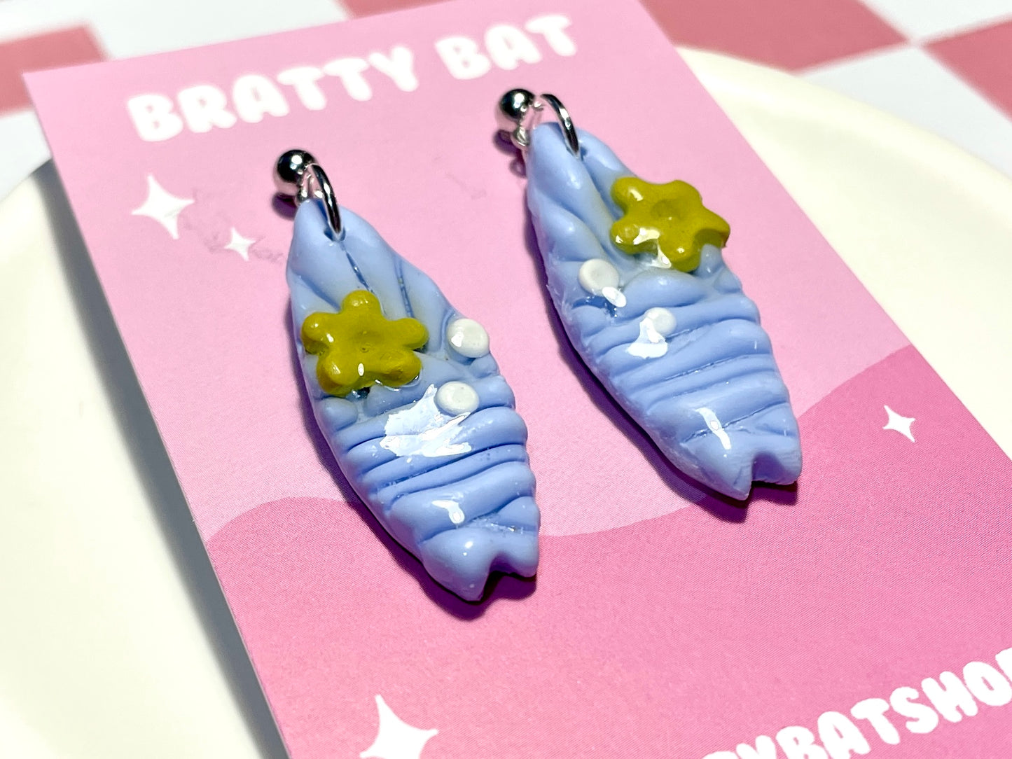 Blue Surfboard Earrings on Silver Stud with Flower