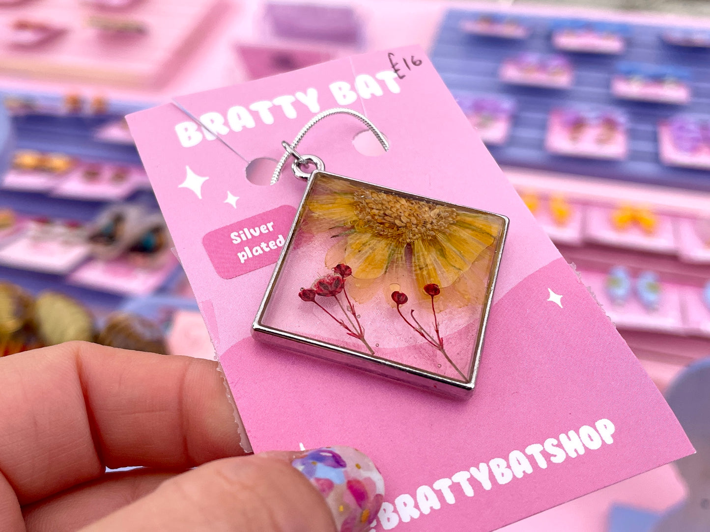Yellow Flower Resin Square Necklace
