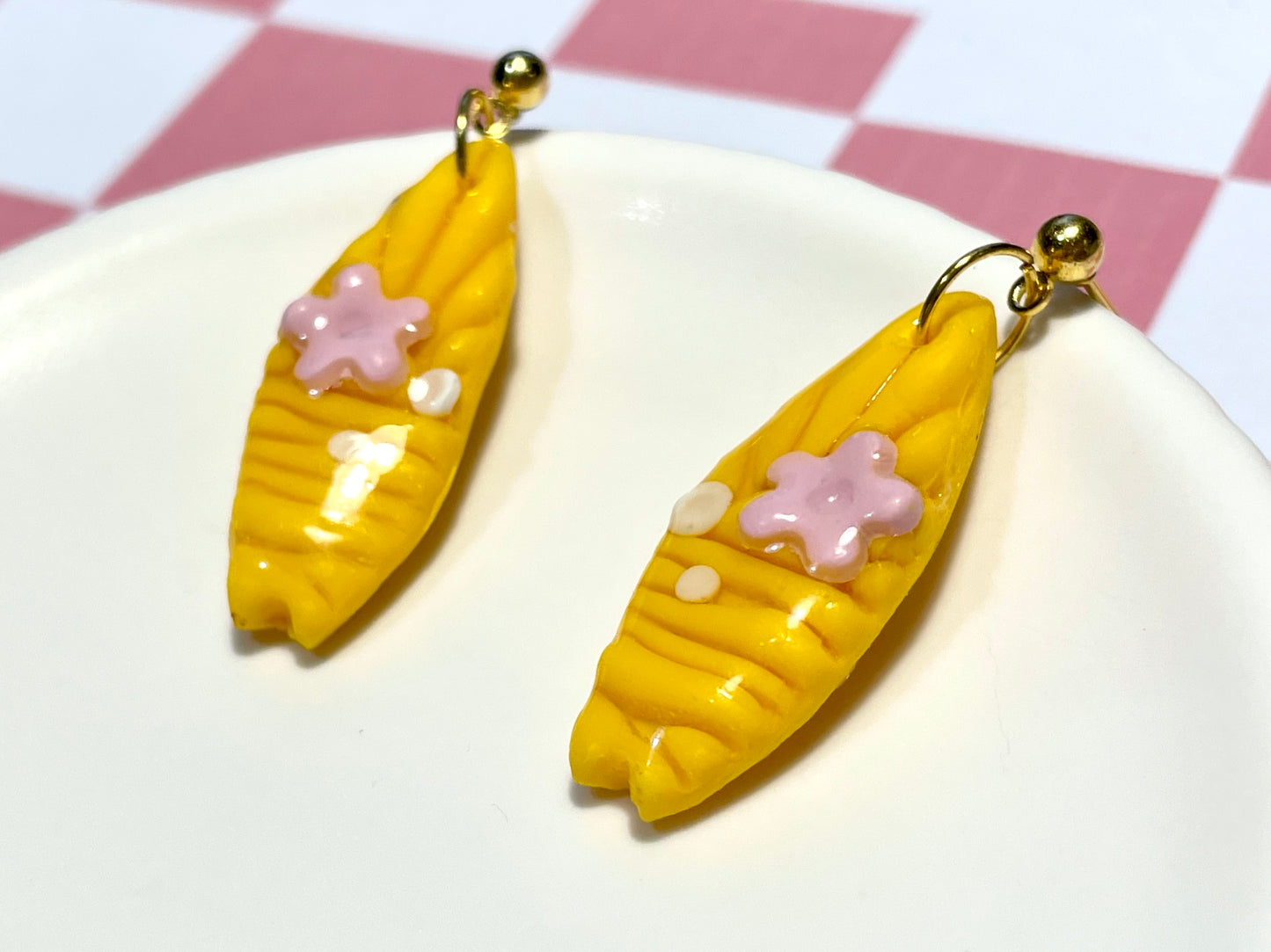 Yellow Surfboard Earrings on Gold Stud with Flower