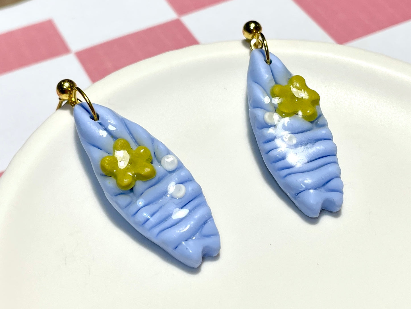 Blue Surfboard Earrings on Gold Stud with Flower