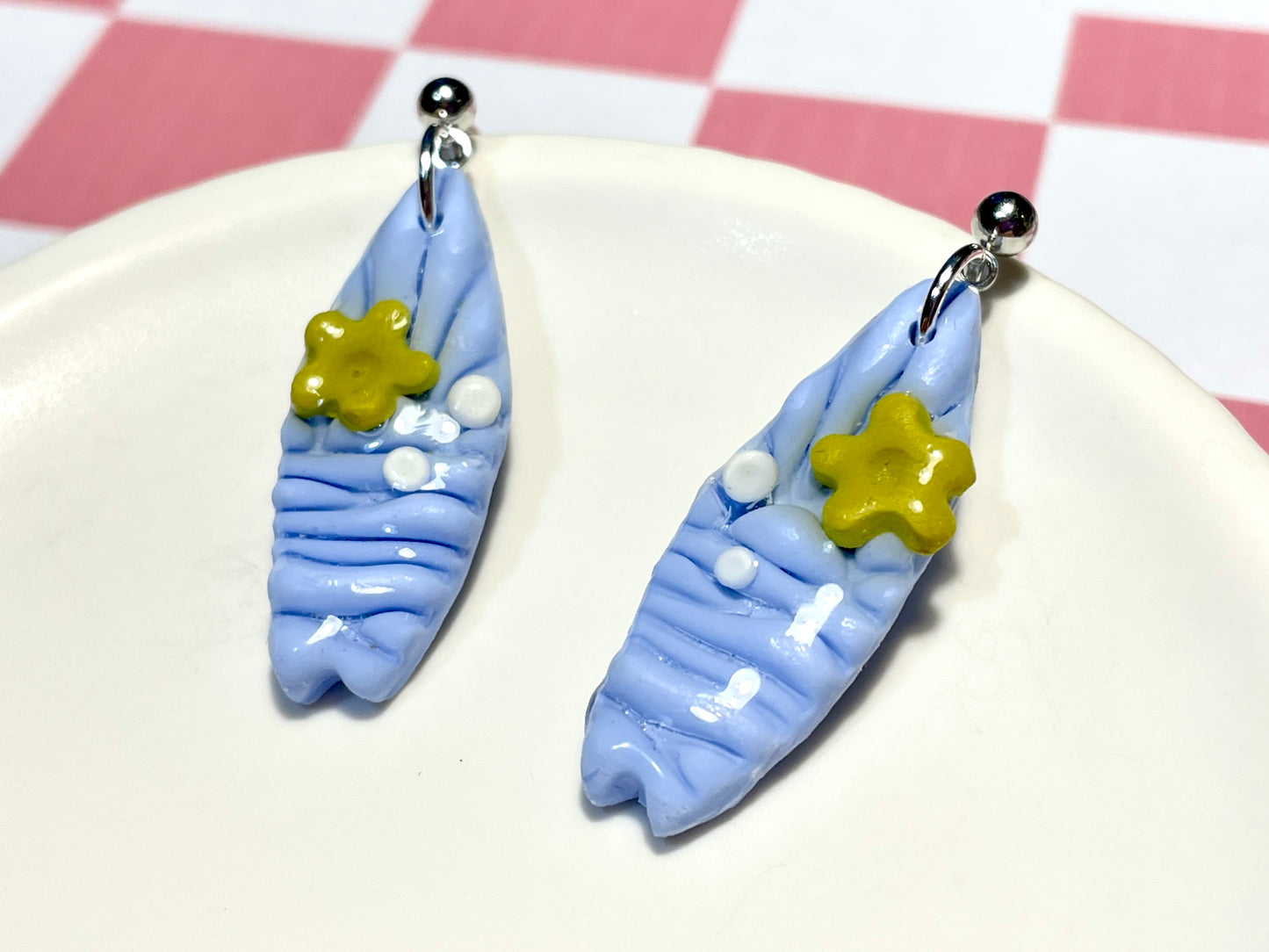 Blue Surfboard Earrings on Silver Stud with Flower