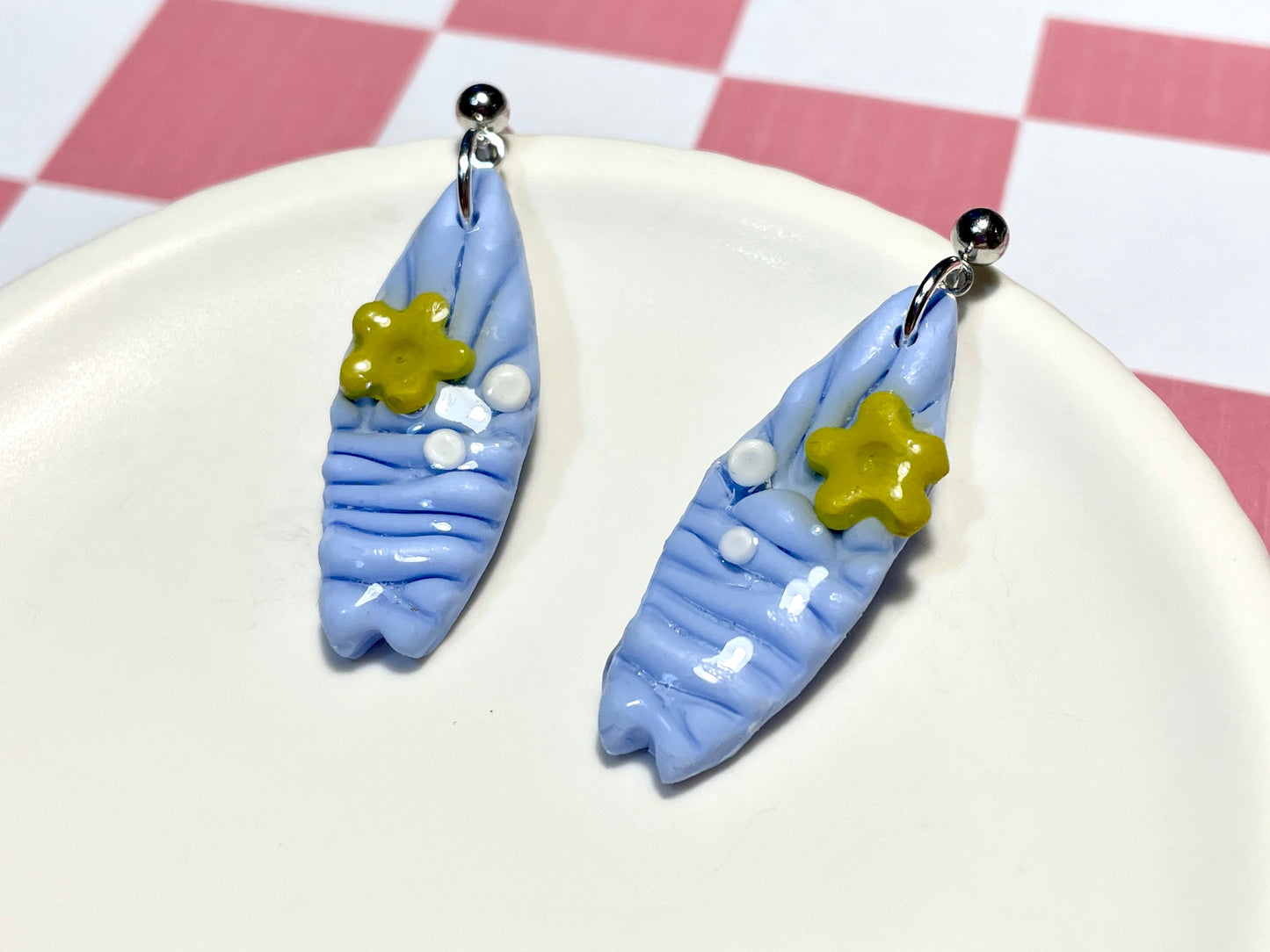 Blue Surfboard Earrings on Silver Stud with Flower