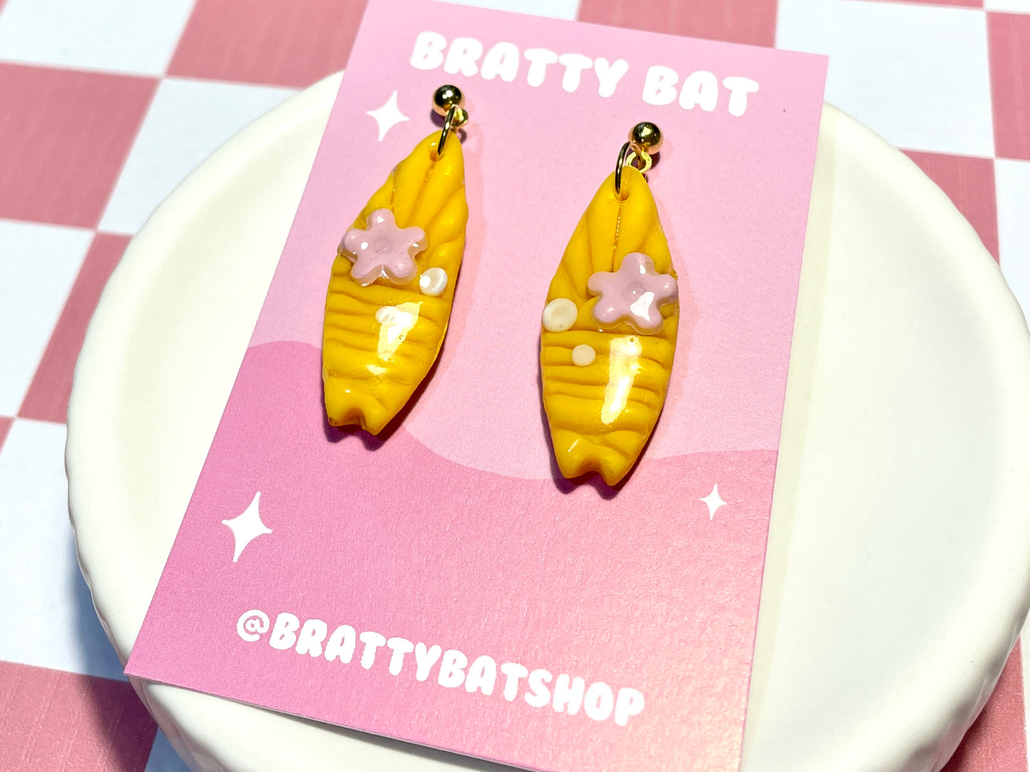 Yellow Surfboard Earrings on Gold Stud with Flower