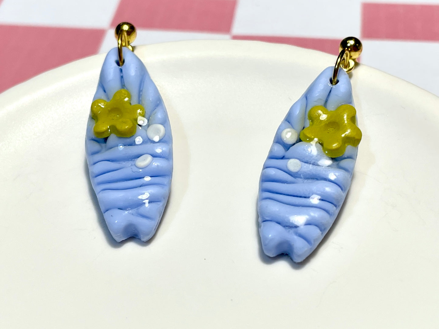 Blue Surfboard Earrings on Gold Stud with Flower