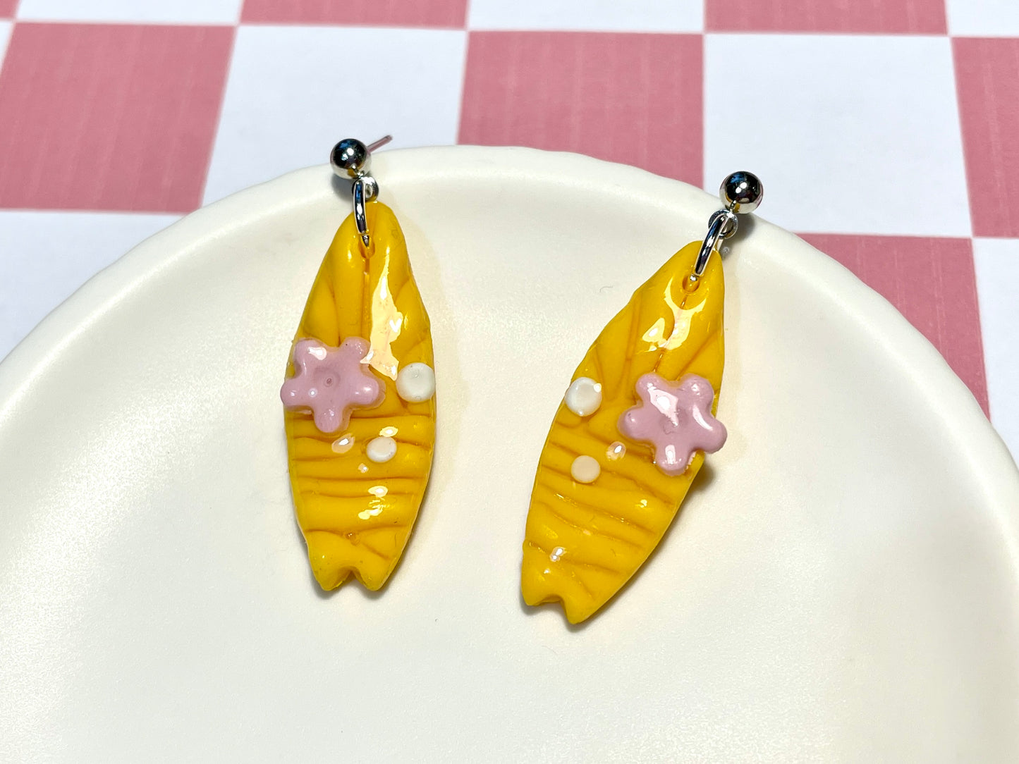 Yellow Surfboard Earrings on Silver Stud with Flower