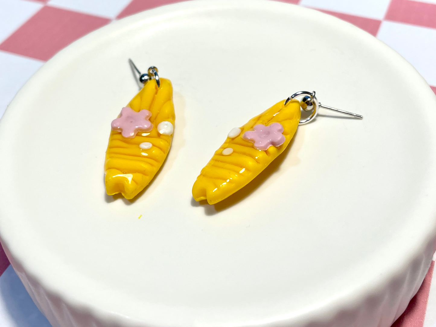 Yellow Surfboard Earrings on Silver Stud with Flower