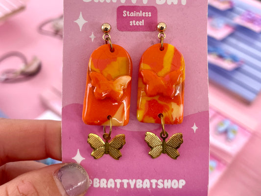 Orange Butterfly Arch Dangle Stud Earrings