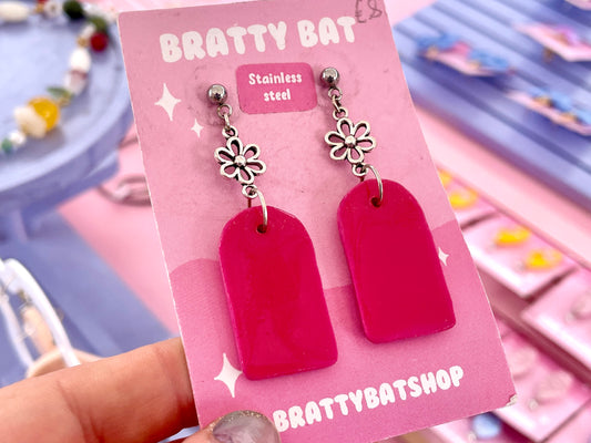 Pink Arch Dangle Stud Earrings with Flowers
