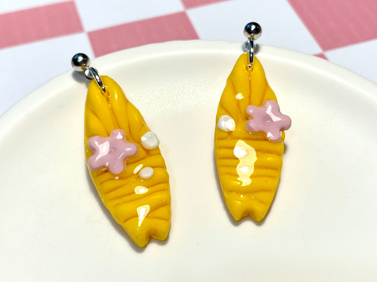 Yellow Surfboard Earrings on Silver Stud with Flower