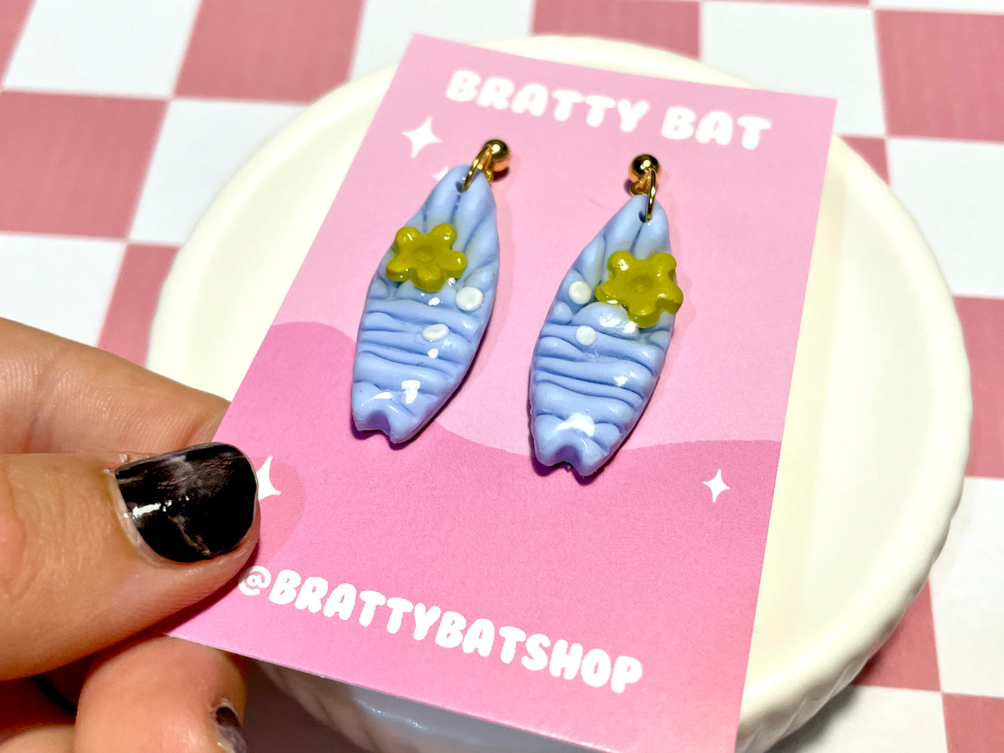 Blue Surfboard Earrings on Gold Stud with Flower