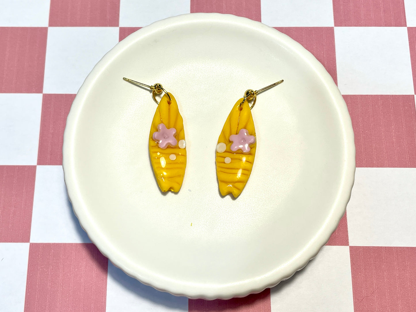 Yellow Surfboard Earrings on Gold Stud with Flower