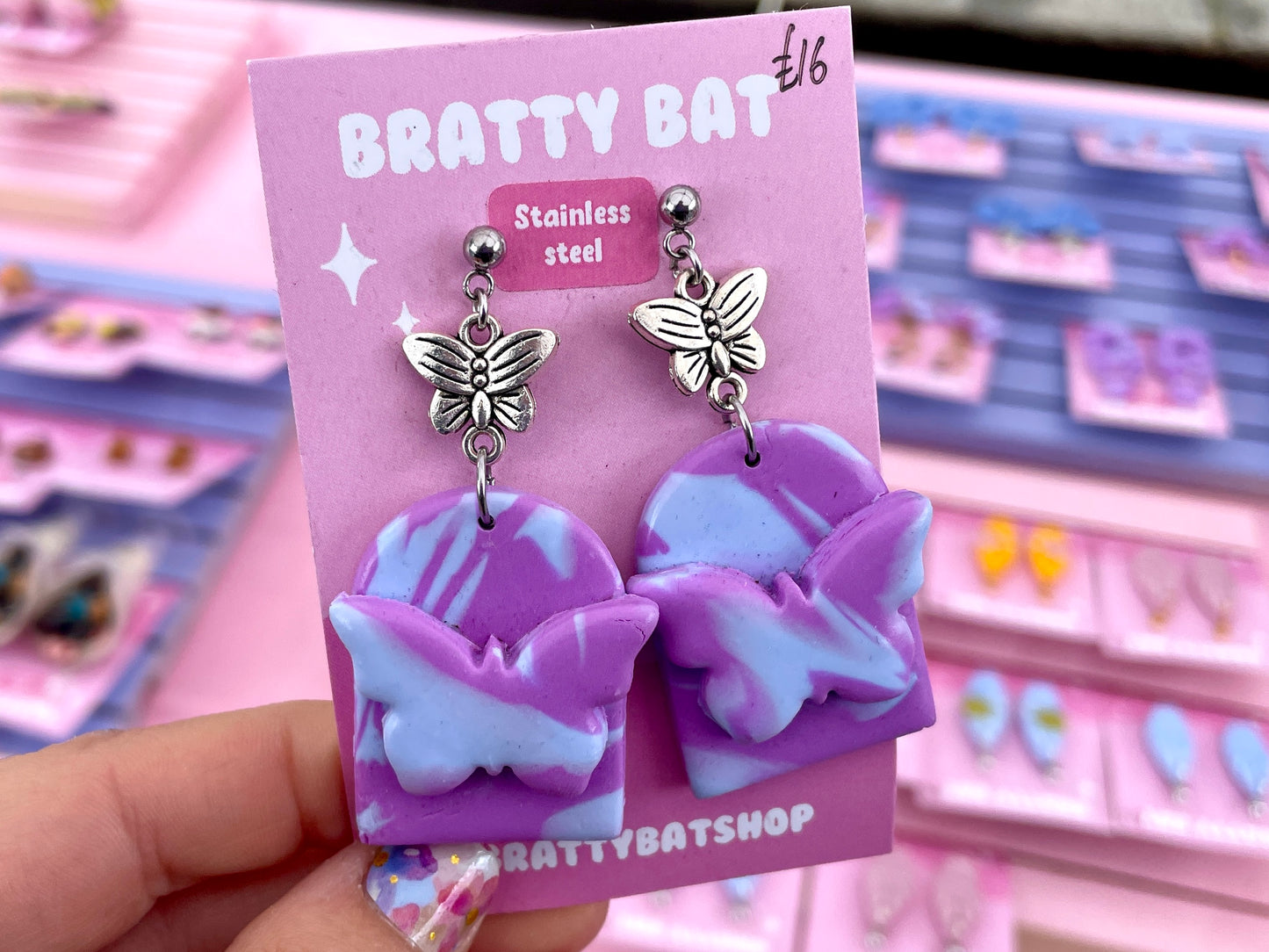 Blue and Purple Butterfly Arch Earrings with Charms