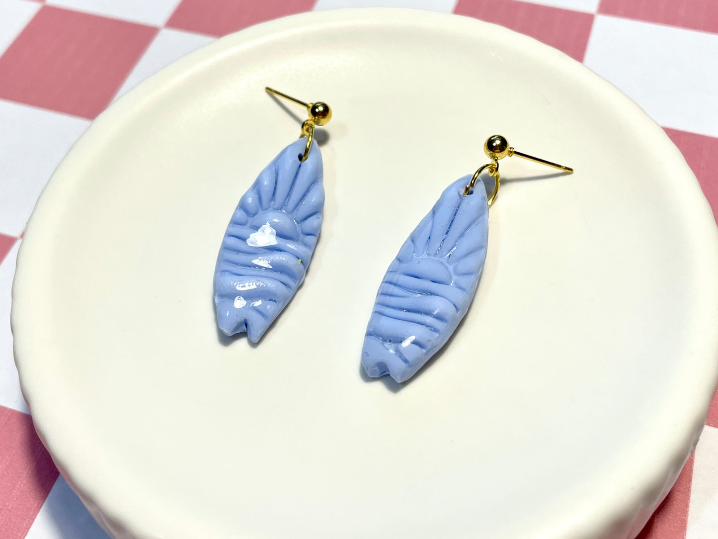 Blue Surfboard Earrings on Gold Stud